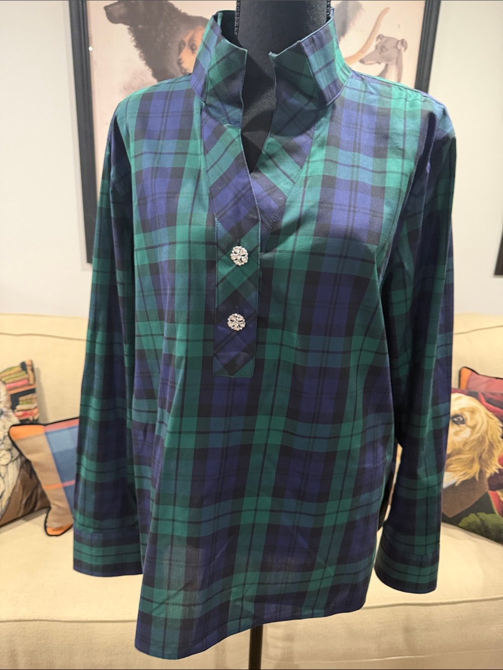 Talbots women’s Plaid V-Neck Collar Womens Shirt in Green and Navy XL